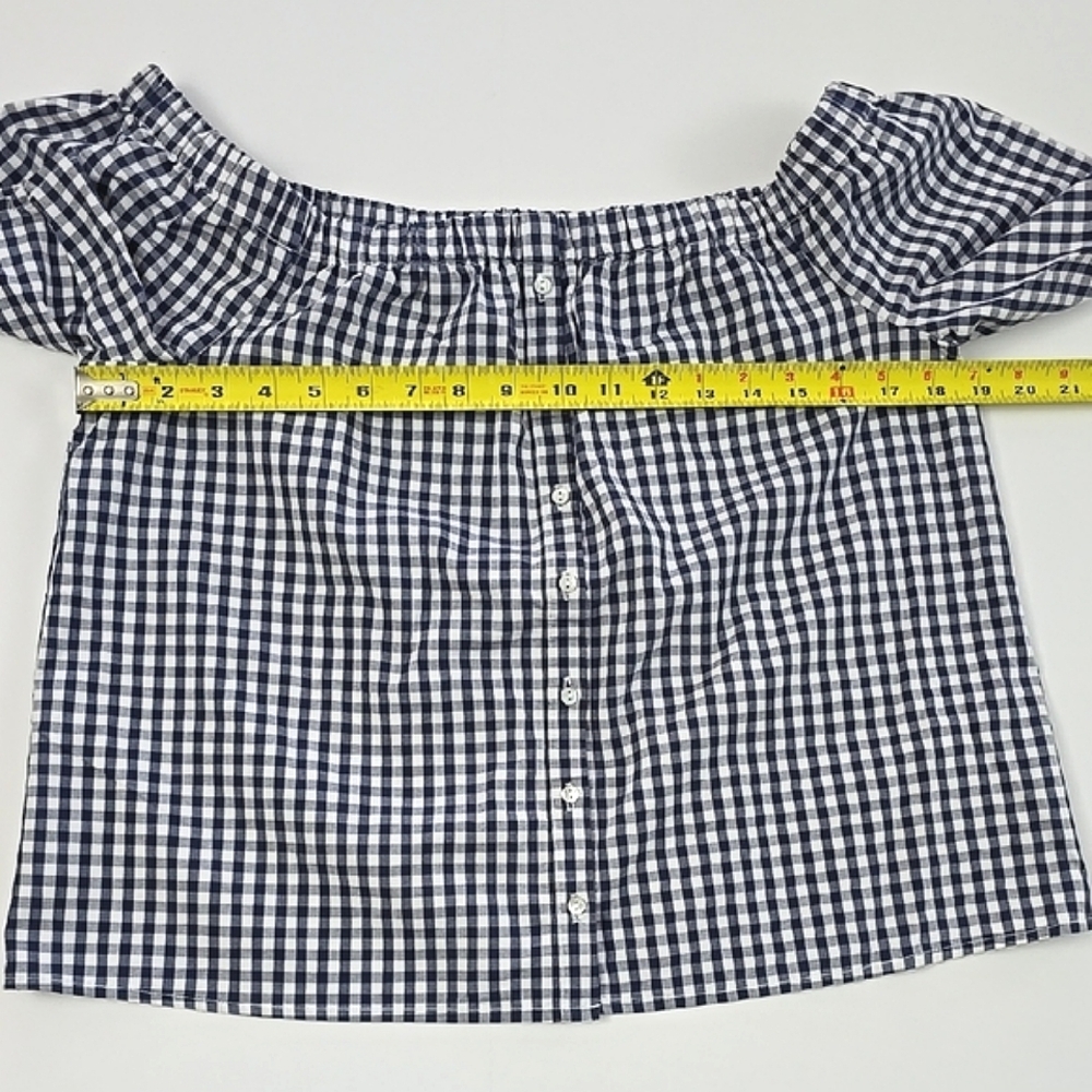 Reitmans Women's Navy White Gingham Mini Checkered Off Shoulder Cotton Top M - Picture 9 of 11